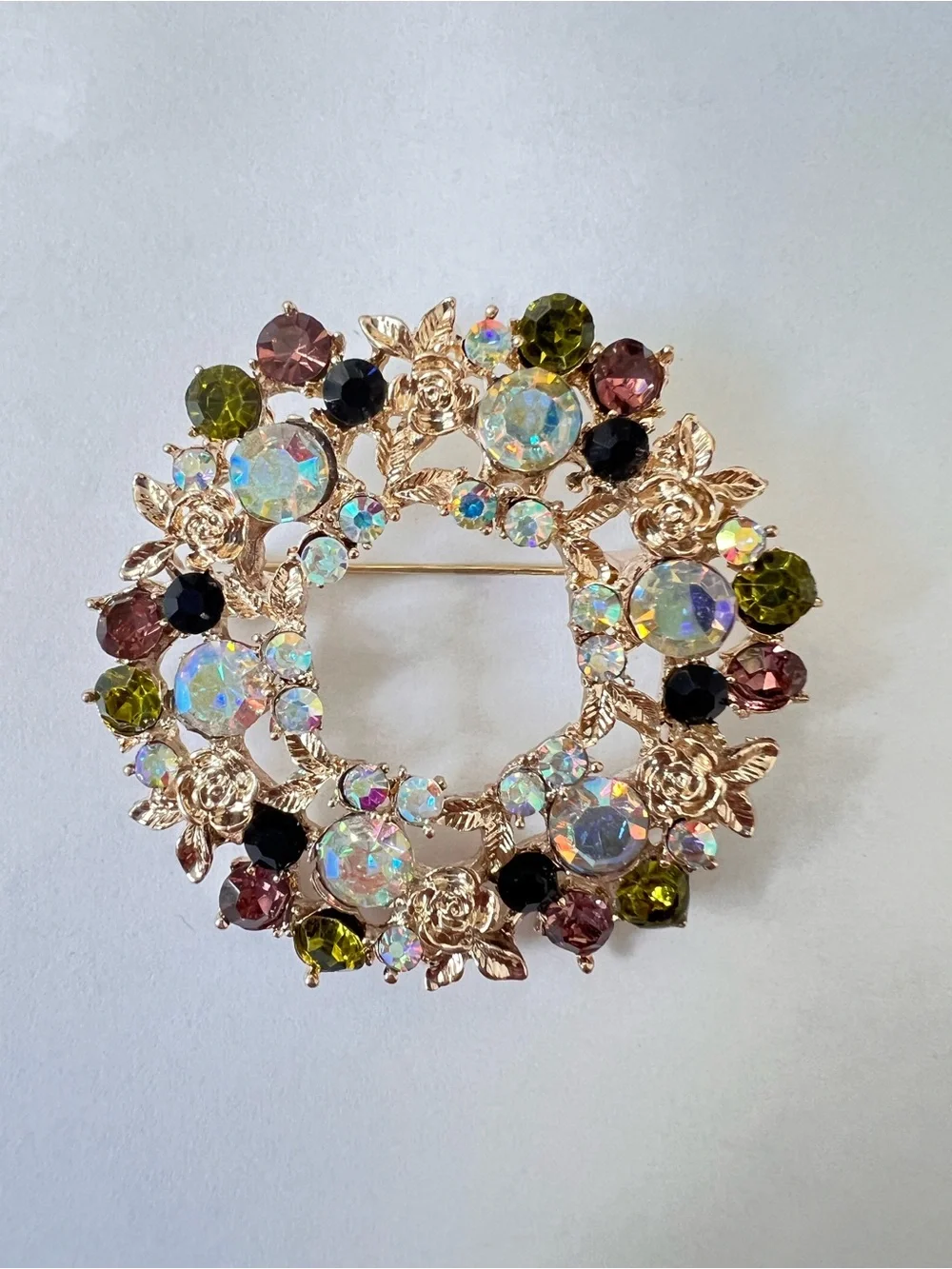 Lot of 3 - Gold-Tone Multi-Color Crystal Wreath Brooches - Women Jewelry